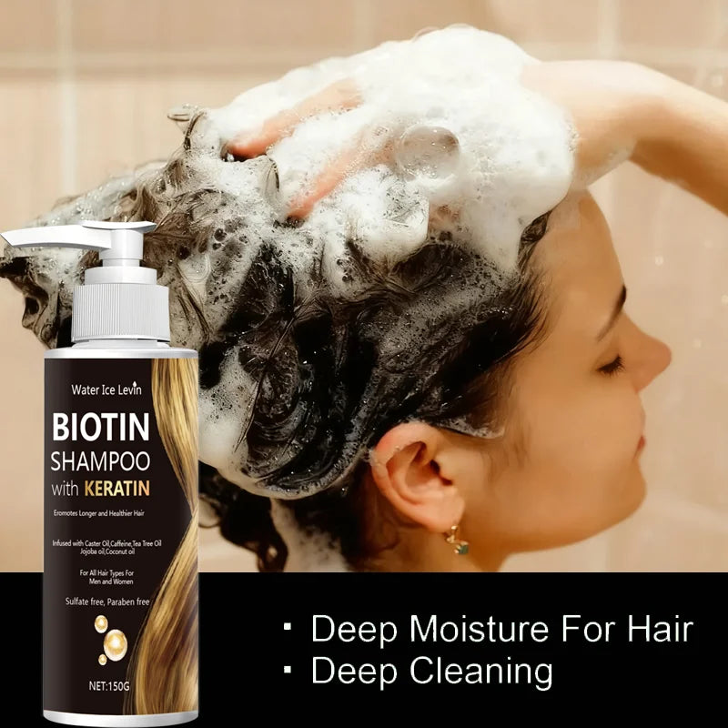 Champú Water Ice Levin con biotina y queratina, sin sulfatos ni parabenos, con aceites nutritivos, para un cabello más largo y saludable, apto para todo tipo de cabello.