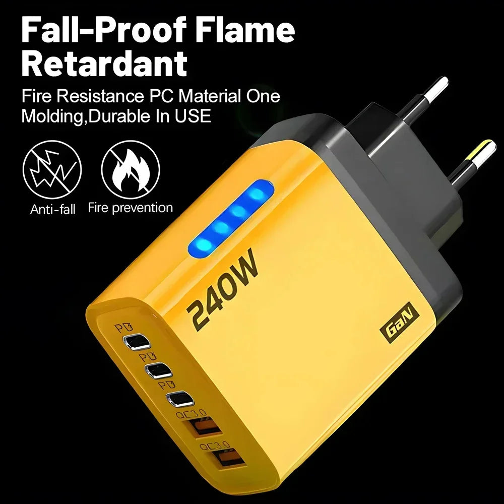 Cargador USB C GaN de 240 W, 5 en 1, cargador de teléfono de carga rápida, adaptador de corriente para iPhone, Samsung, Xiaomi, tipo C, enchufe UE/EE. UU.