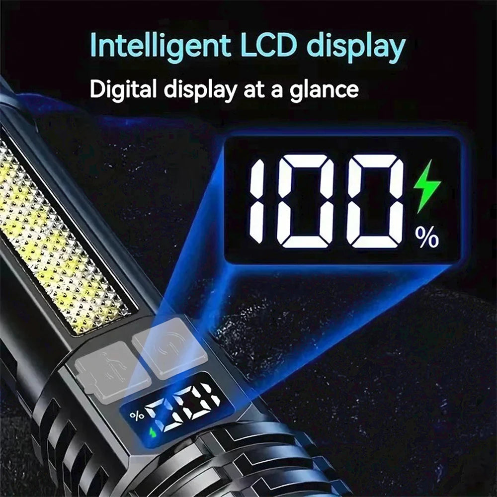 Linterna LED de alta potencia, potente, recargable mediante USB tipo C, con luz lateral, ideal para acampar y hacer senderismo al aire libre.