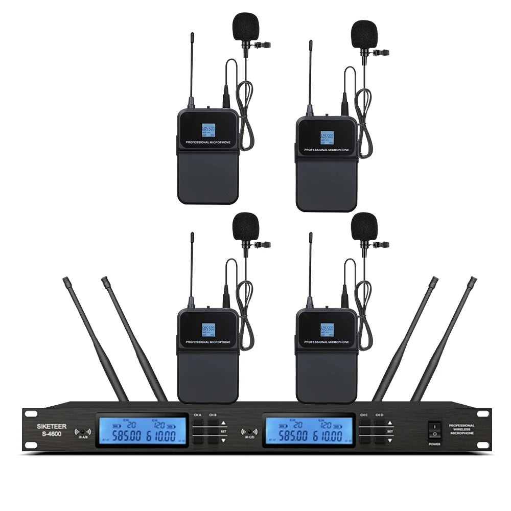 Micrófono inalámbrico UHF profesional, de mano, tipo solapa, con carcasa metálica, ideal para bodas y escenarios.