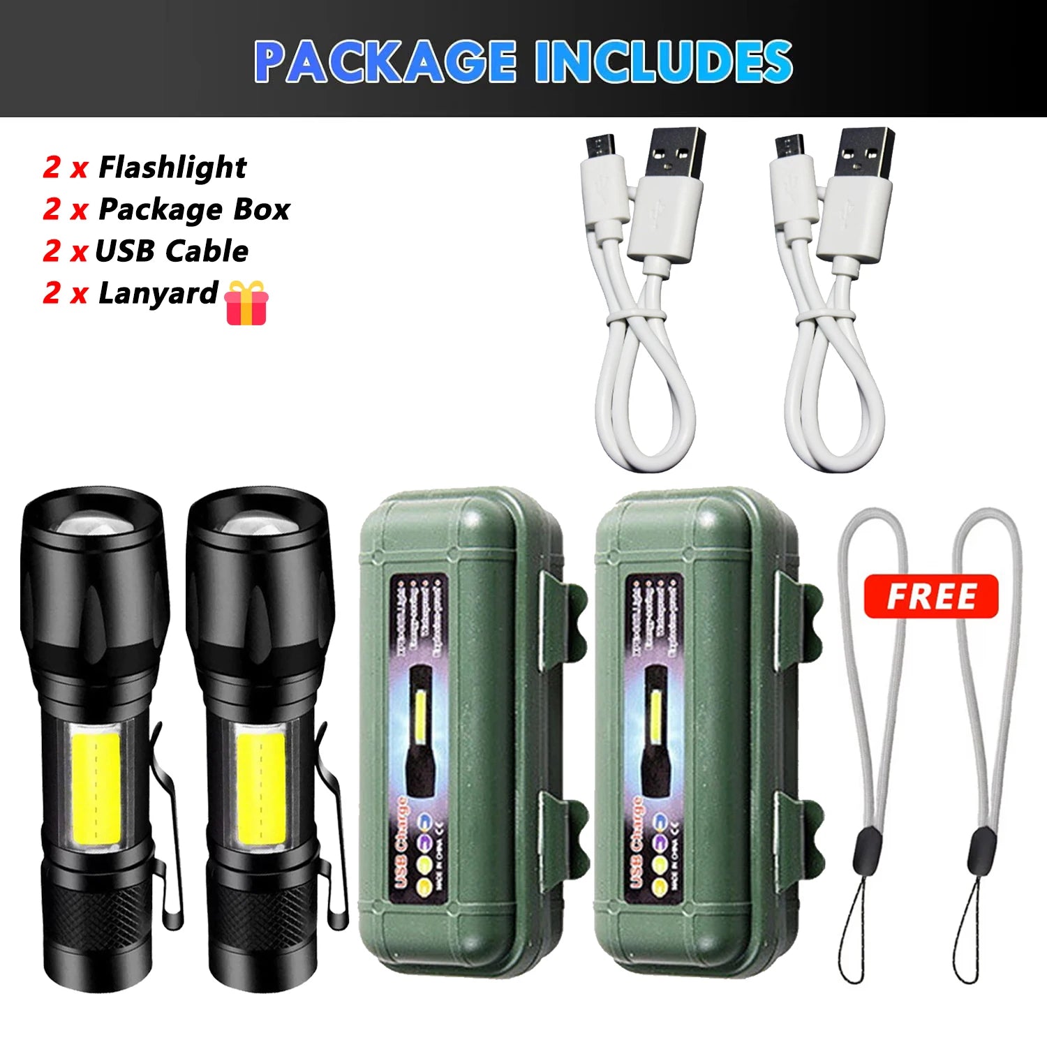 Linterna LED de alta potencia de 2000 lúmenes, linterna táctica con luz de visualización, carga USB, ideal para camping, pesca y emergencias.