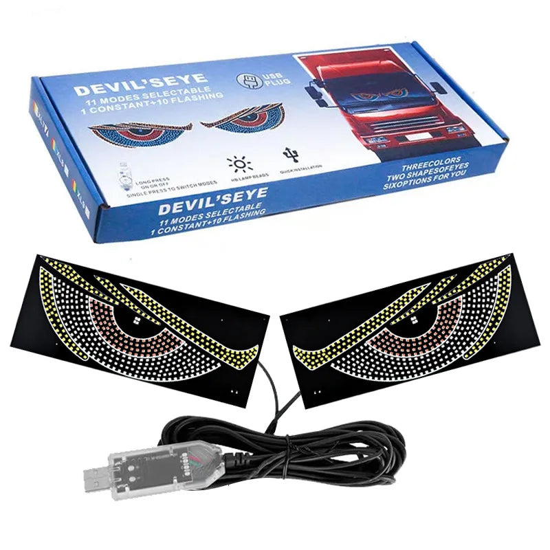 Luz LED dinámica USB de grandes ojos de diablo para coches, programable, flexible, para ventanas, pantalla LED, animada, para coches y camiones.