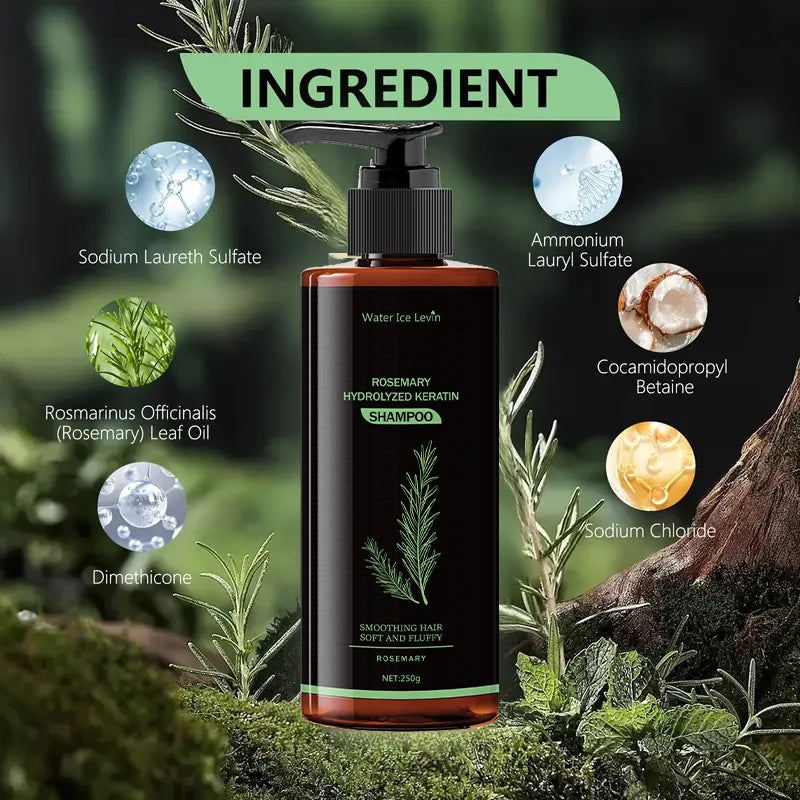 Champú de romero y queratina: fresco y no graso, rico en extractos de romero y aminoácidos, cabello sano, mayor volumen, cuidado para todo tipo de cabello.
