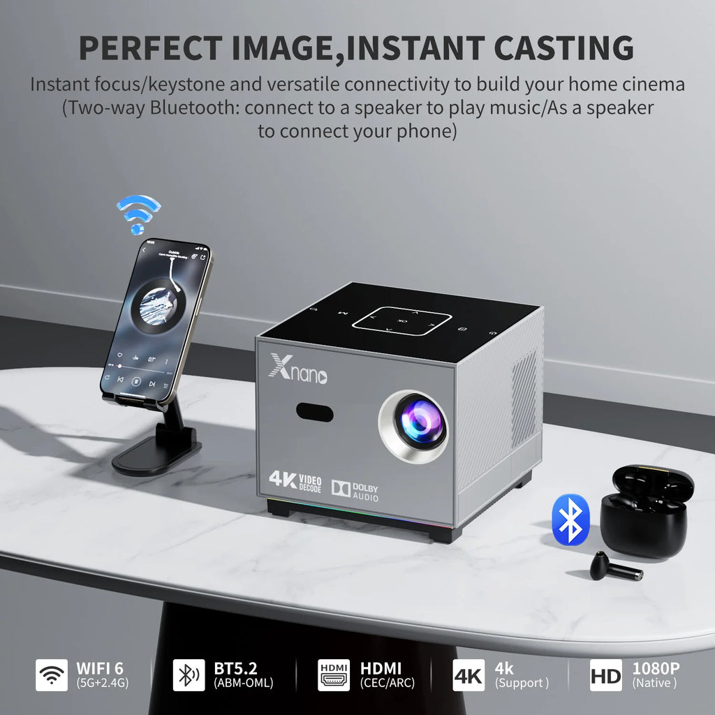 Proyector mini Xnano 4K 1280*720P Android 9 350ANSI Dual Wifi BT5.0 Enfoque automático Cine en casa Exterior Portátil Proyector inteligente X3