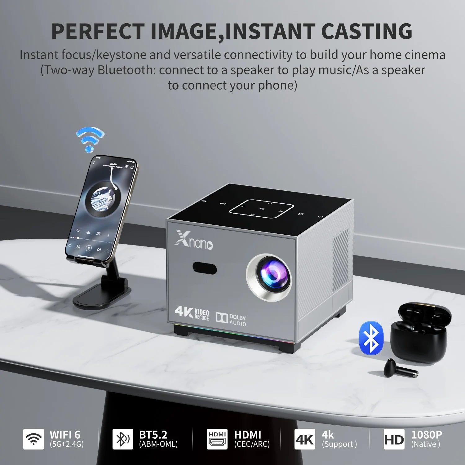 Proyector mini Xnano 4K 1280*720P Android 9 350ANSI Dual Wifi BT5.0 Enfoque automático Cine en casa Exterior Portátil Proyector inteligente X3