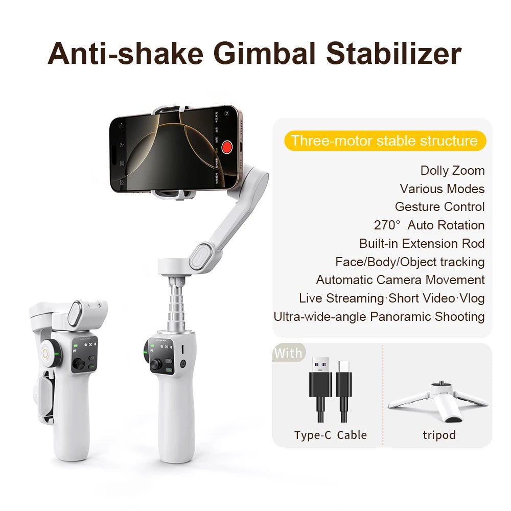 Estabilizador de cardán de mano de 3 ejes AOCHUAN Smart V8 con trípode de extensión y seguimiento facial para iPhone y Android, ideal para transmisiones en vivo y vlogs.