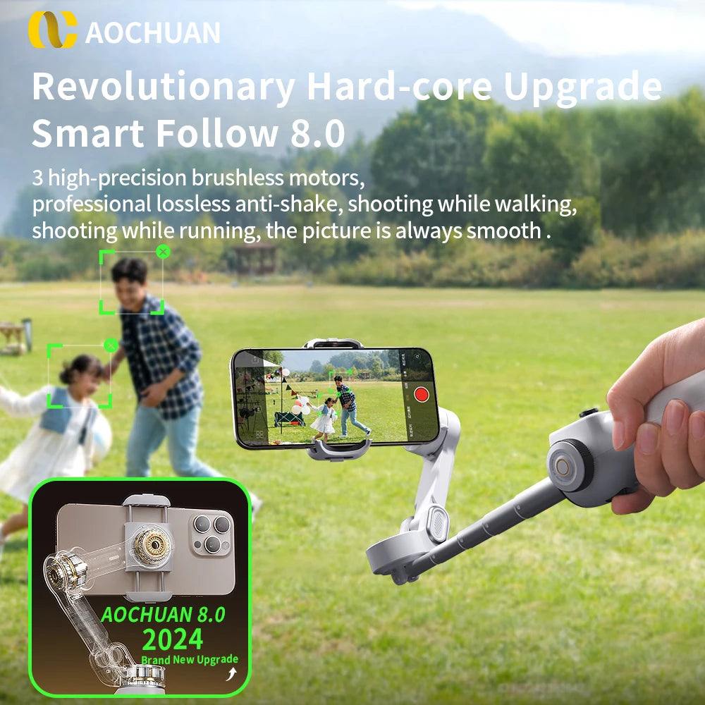 Estabilizador de cardán de mano de 3 ejes AOCHUAN Smart V8 con trípode de extensión y seguimiento facial para iPhone y Android, ideal para transmisiones en vivo y vlogs.