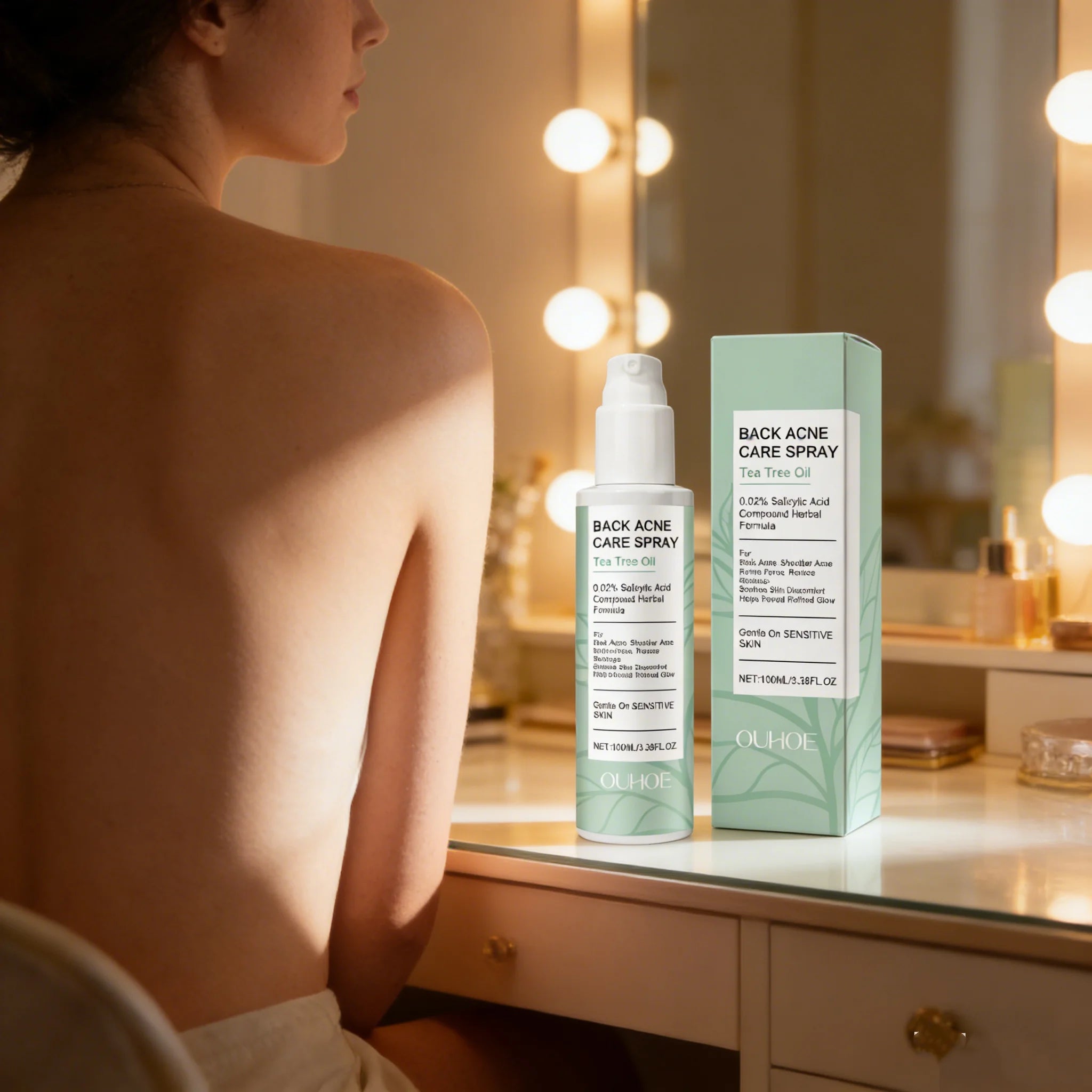 Spray para el acné de espalda con ácido salicílico y aceite natural de árbol de té. Limpia, reduce los poros, controla la grasa, repara y elimina las marcas de acné. Spray para el cuidado de la piel corporal.