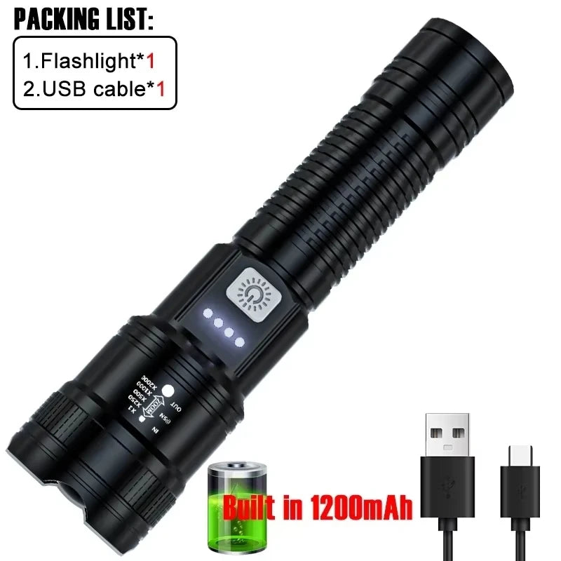 Linterna LED de alta potencia de 2000 lúmenes, linterna táctica con luz de visualización, carga USB, ideal para camping, pesca y emergencias.