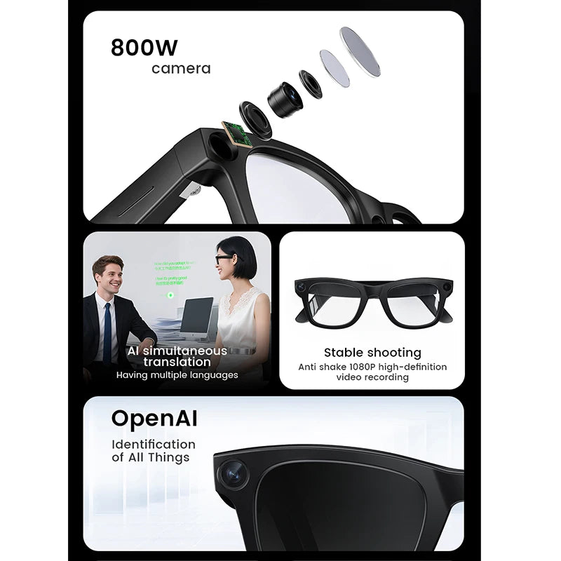 Gafas inteligentes 2026 con fotos y vídeos HD, OpenAI, grabación, traducción, táctiles, lentes fotocromáticas, Bluetooth, llamadas, música y funciones multifunción.