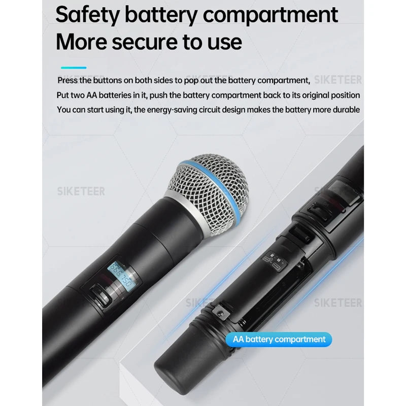 Micrófono inalámbrico UHF profesional, de mano, tipo solapa, con carcasa metálica, ideal para bodas y escenarios.