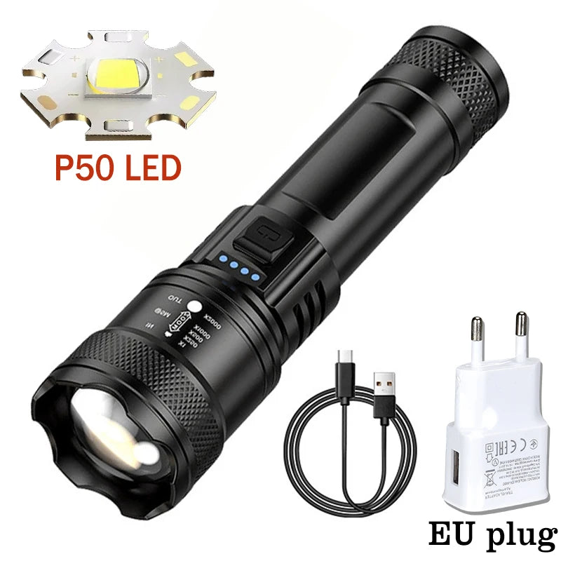 Linterna LED de alta potencia de 2000 lúmenes, linterna táctica con luz de visualización, carga USB, ideal para camping, pesca y emergencias.