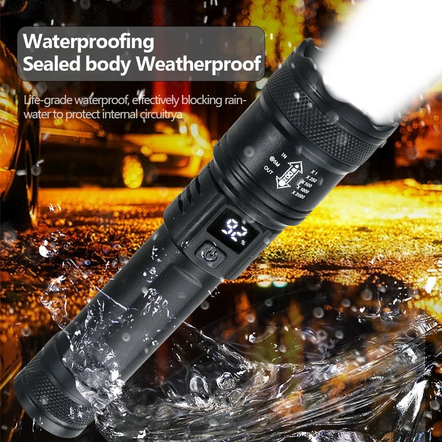 Linterna LED de alta potencia de 2000 lúmenes, linterna táctica con luz de visualización, carga USB, ideal para camping, pesca y emergencias.