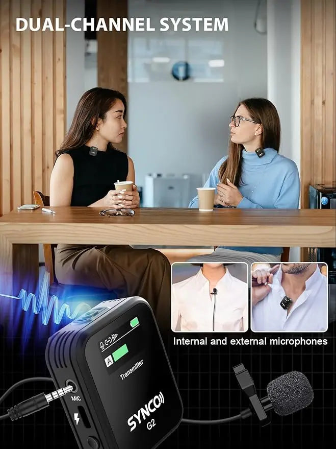 Micrófono de solapa inalámbrico SYNCO, G2(A2) 2.4G con transmisor dual, 48 kHz, 24 bits, 656 pies (8 horas) de alcance para clases en línea y vlogs.