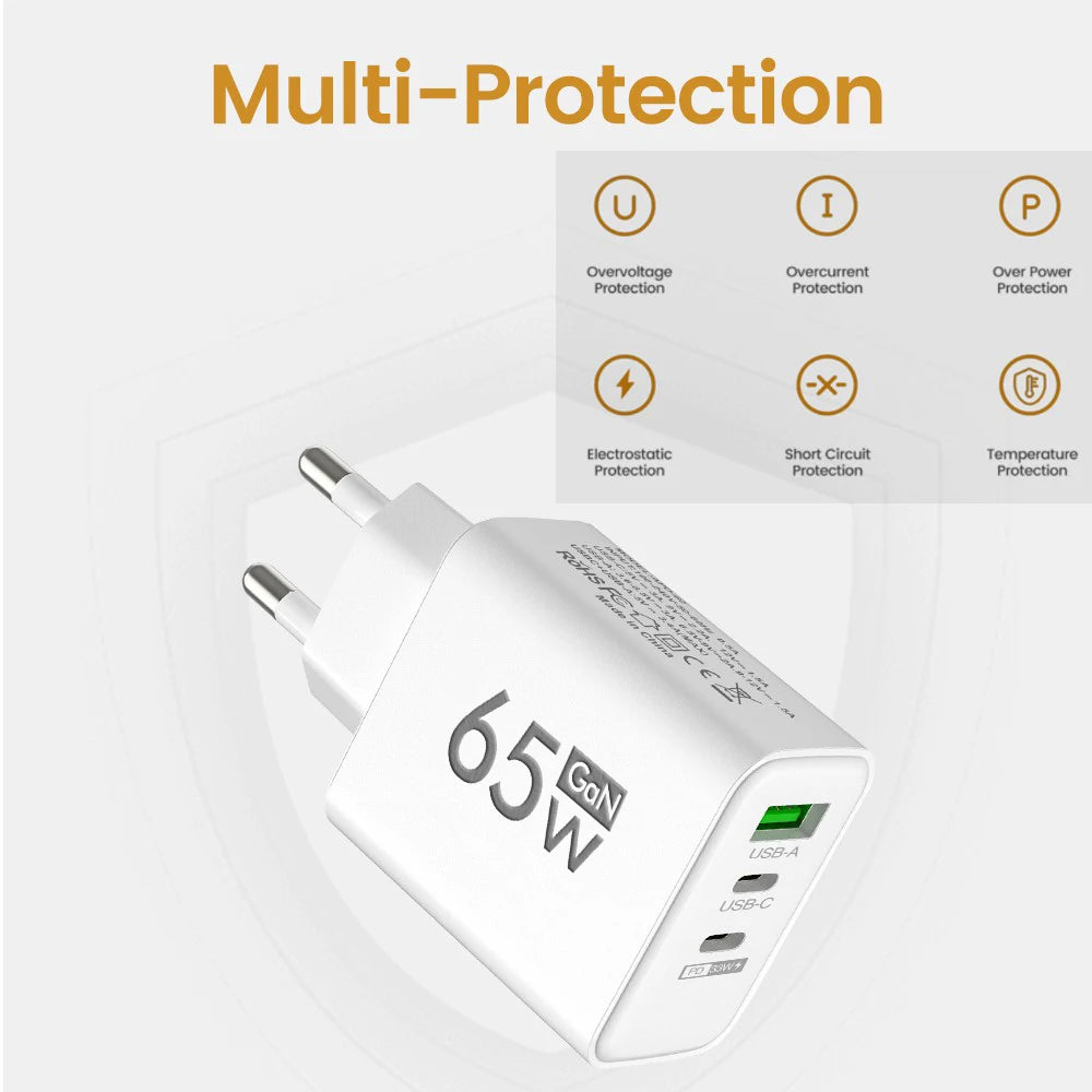 Cargador rápido GaN PD 3 en 1 para iPhone 15, Samsung, Huawei y Xiaomi: adaptador de carga rápida con puertos USB tipo C y USB.