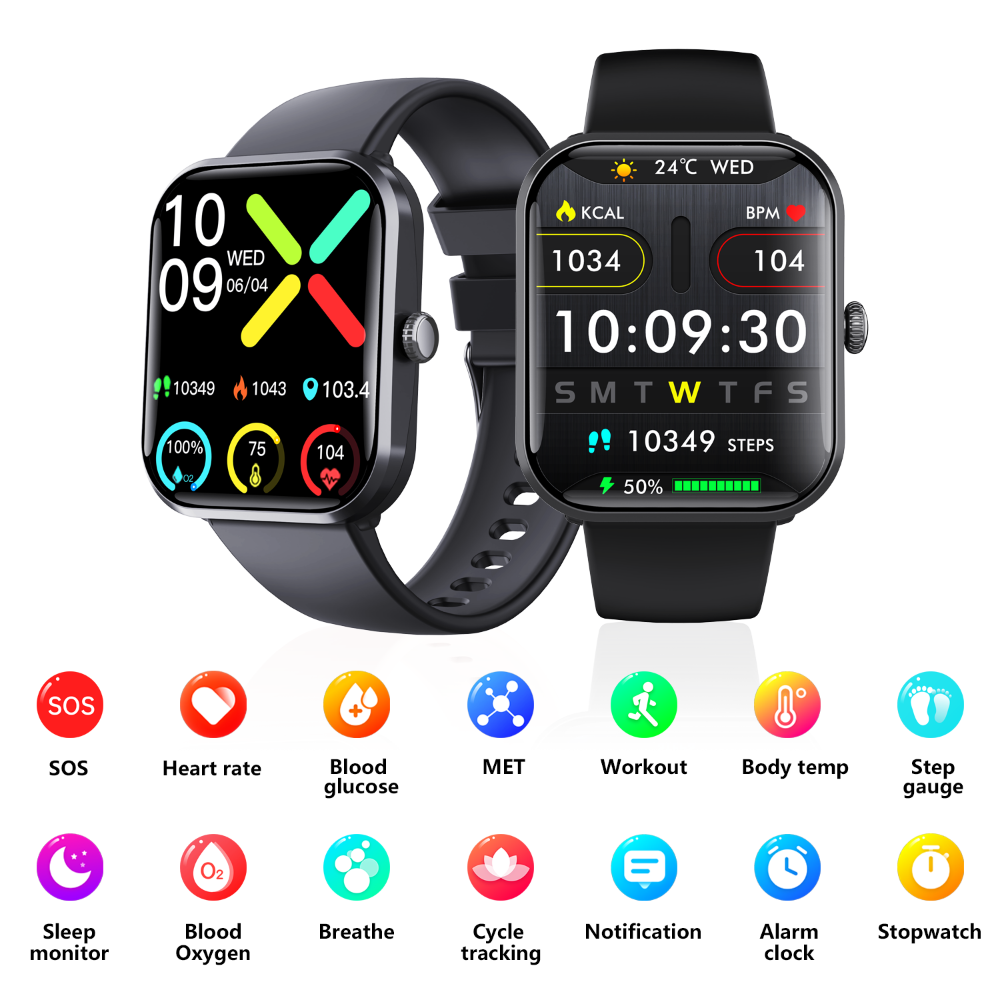 Reloj inteligente con monitor de glucosa en sangre para diabéticos y alarma de emergencia SOS.