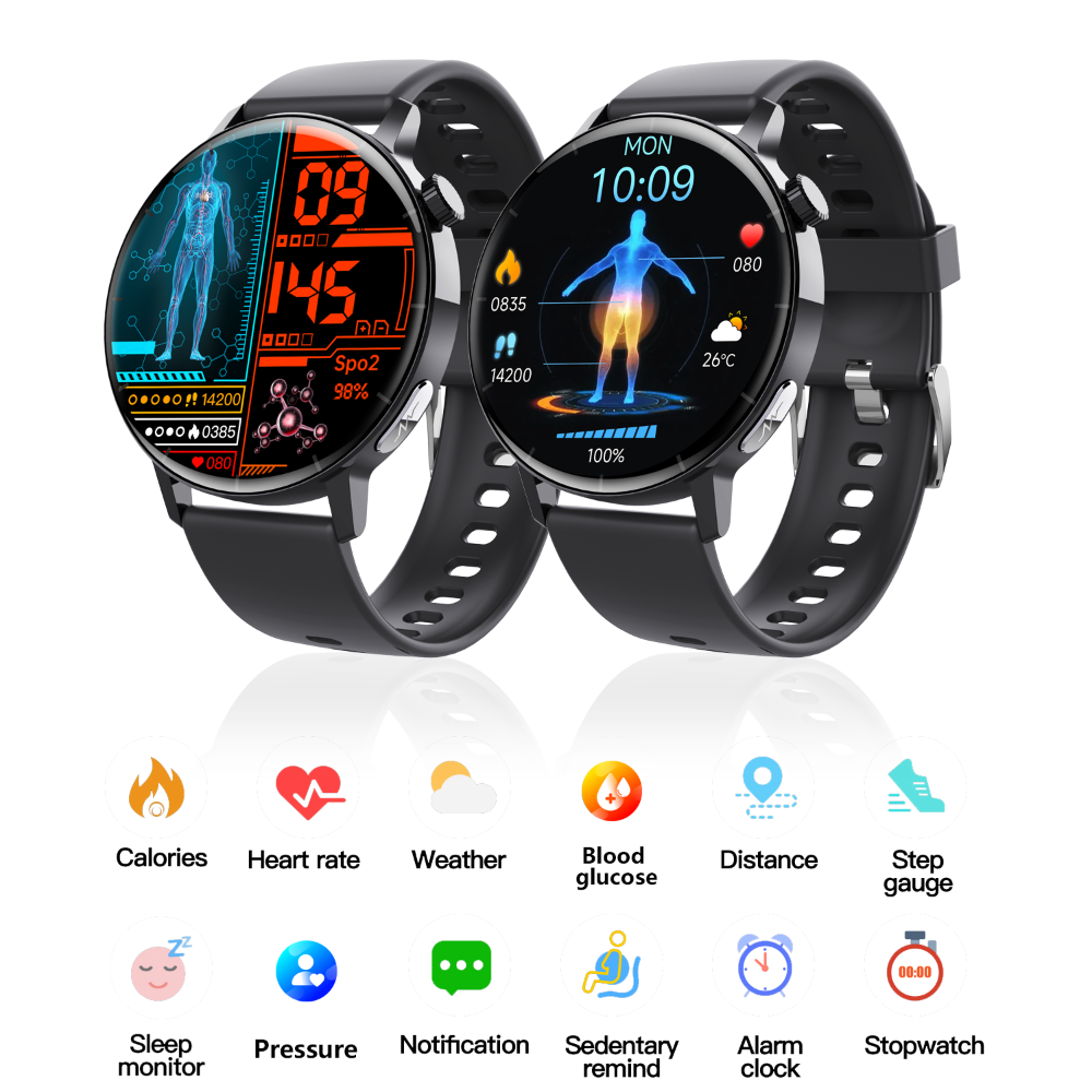 Reloj inteligente con monitor de ECG, medición no invasiva de glucosa en sangre y análisis de componentes sanguíneos.