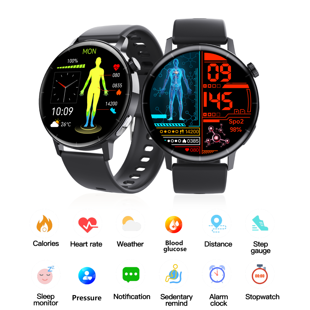 Reloj inteligente con monitor de ECG, medición no invasiva de glucosa en sangre y análisis de componentes sanguíneos.