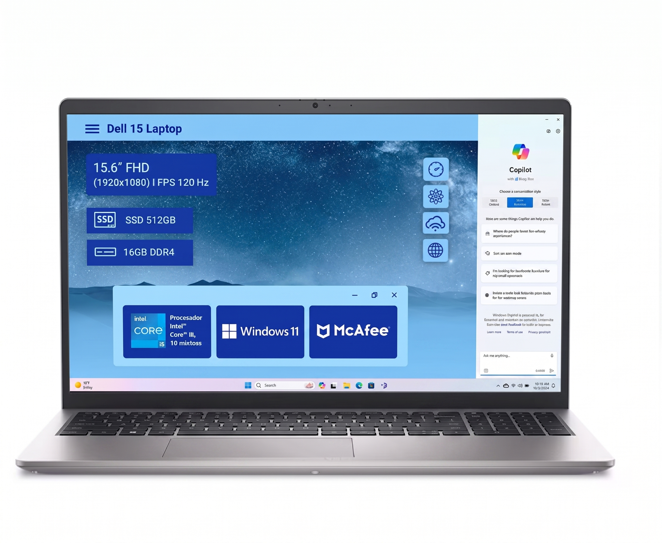 DELL  Laptop thin & light DC15250 15.6 pulgadas Full HD Intel Core i5 Intel UHD 16 GB RAM 512 GB SSD