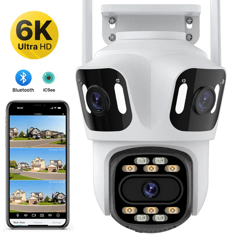 Cámara de seguridad WiFi para exteriores con tres lentes y resolución 6K HD.