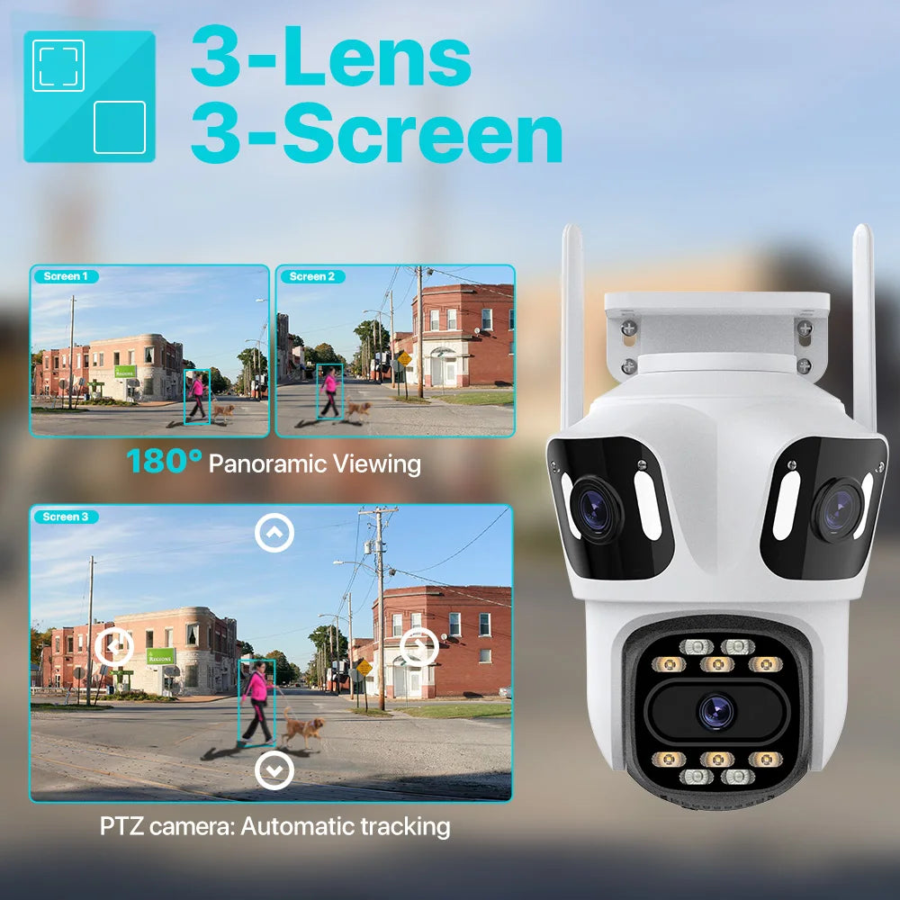 Cámara de seguridad WiFi para exteriores con tres lentes y resolución 6K HD.