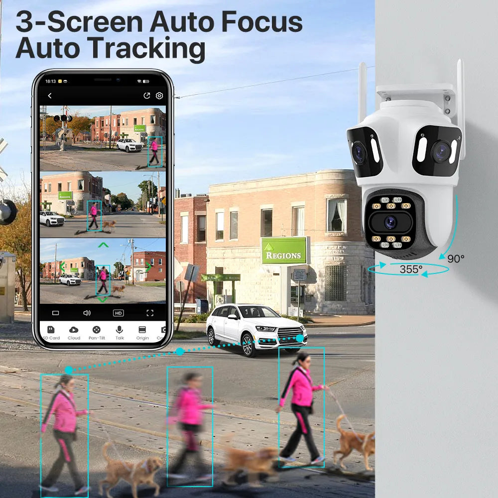 Cámara de seguridad WiFi para exteriores con tres lentes y resolución 6K HD.