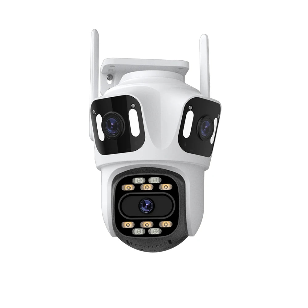 Cámara de seguridad WiFi para exteriores con tres lentes y resolución 6K HD.