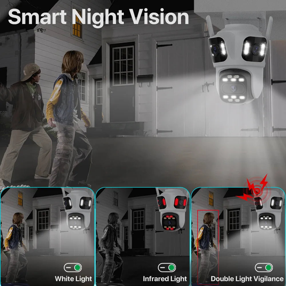 Cámara de seguridad WiFi para exteriores con tres lentes y resolución 6K HD.