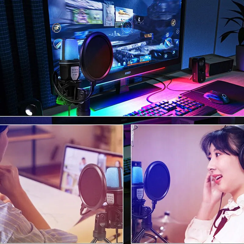 Micrófono USB RGB para juegos, ideal para podcasts y streaming.
