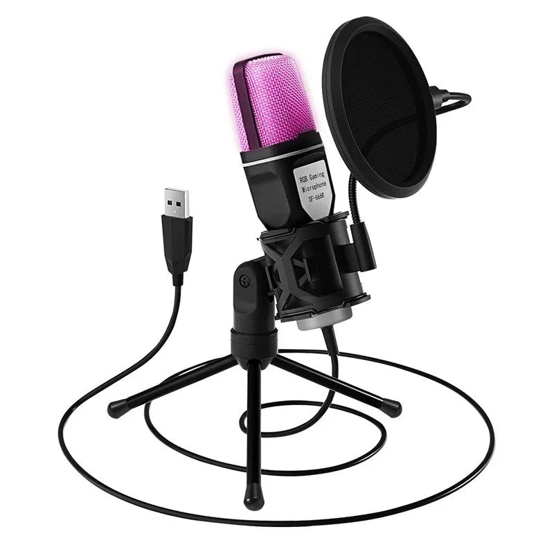 Micrófono USB RGB para juegos, ideal para podcasts y streaming.