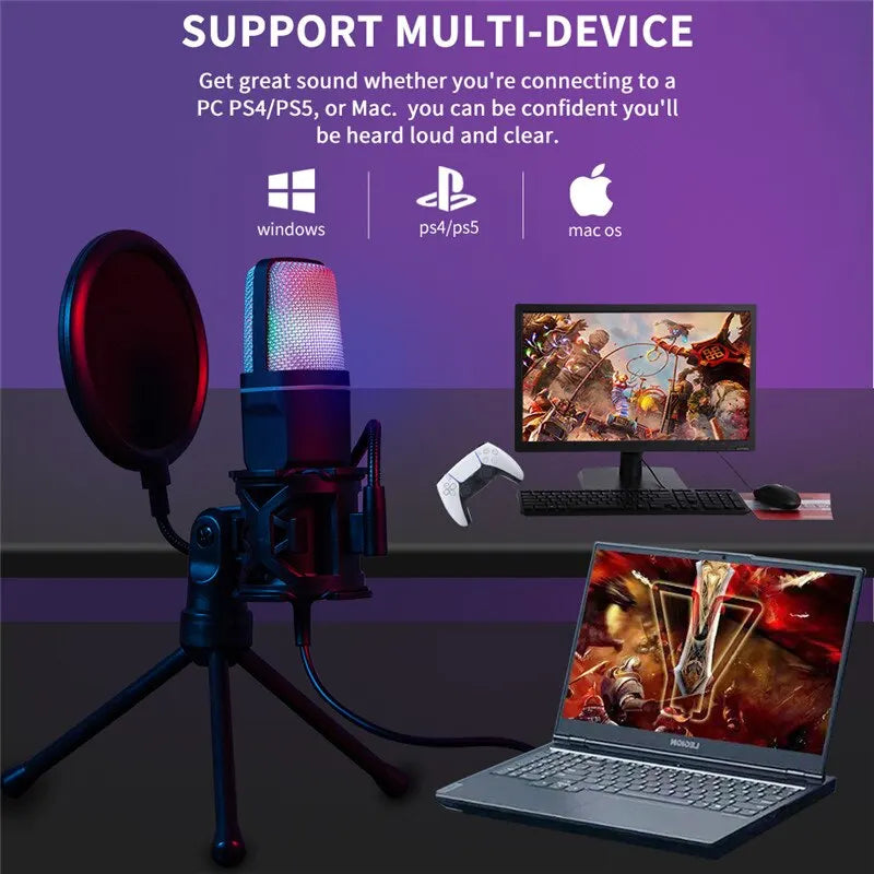 Micrófono USB RGB para juegos, ideal para podcasts y streaming.