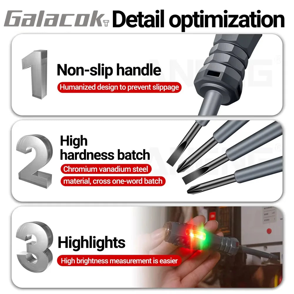 Destornillador de prueba multifuncional para electricistas, lápiz de prueba de inducción sin contacto de CA, comprobador de voltaje de 70-600 V, luces de inducción rojas y verdes.