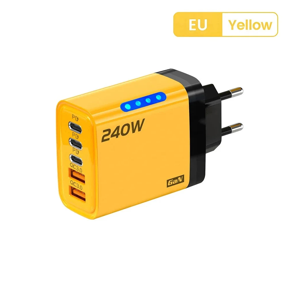 Cargador USB C GaN de 240 W, 5 en 1, cargador de teléfono de carga rápida, adaptador de corriente para iPhone, Samsung, Xiaomi, tipo C, enchufe UE/EE. UU.