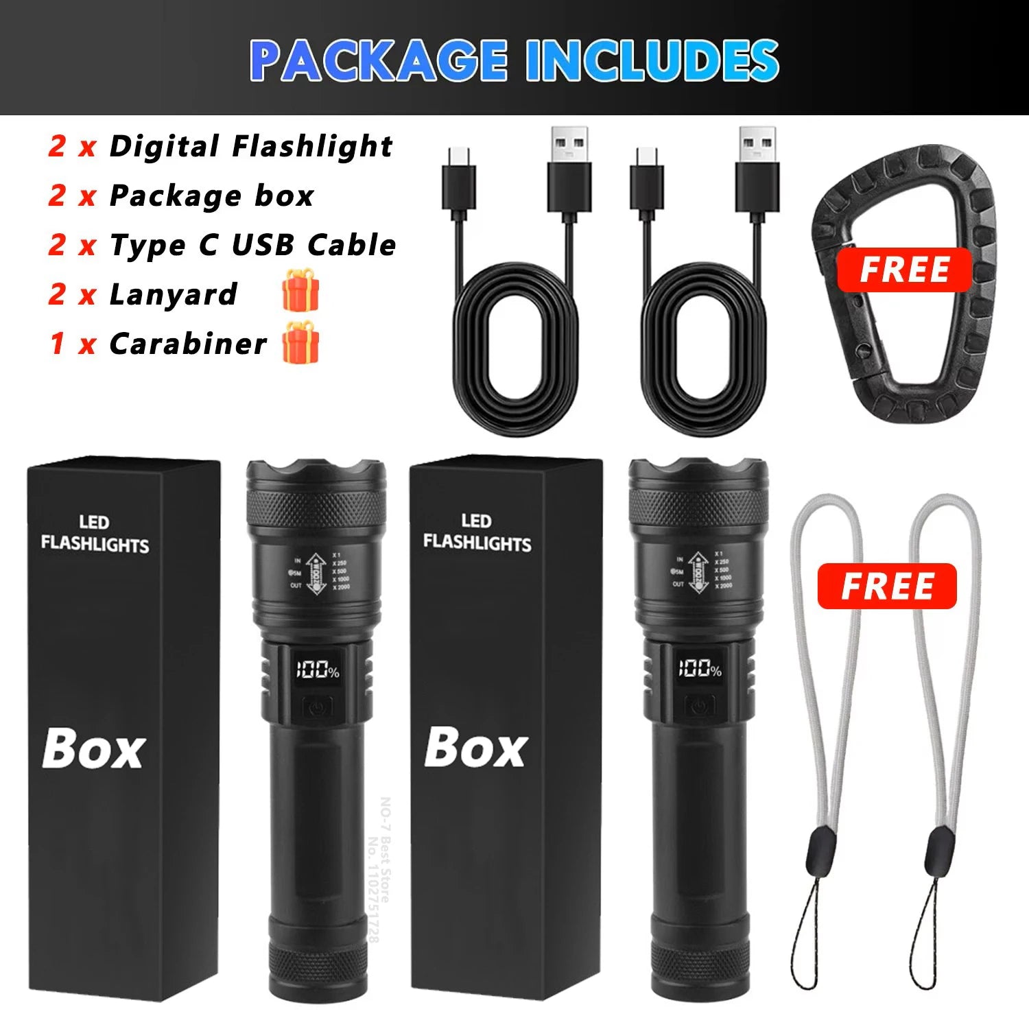 Linterna LED de alta potencia de 2000 lúmenes, linterna táctica con luz de visualización, carga USB, ideal para camping, pesca y emergencias.