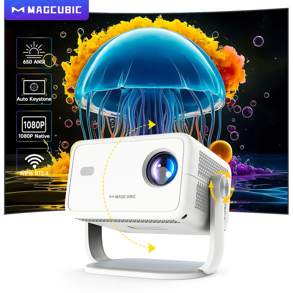 Proyector Magcubic Native 1080P 650ANSI 8K Android14 L018 con corrección trapezoidal automática, enfoque, Wifi6, BT5.4, portátil para cine y exteriores.