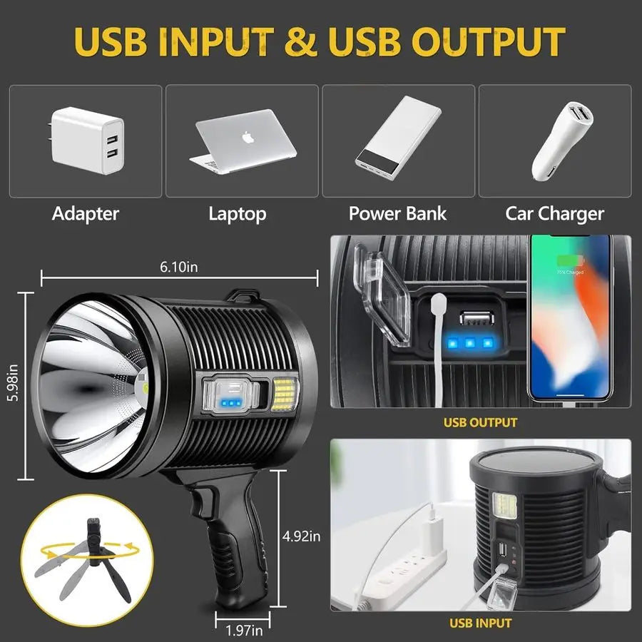 Linterna LED recargable de 1.000.000 de lúmenes y 6 modos, como se ve en la televisión, con trípode, 3 filtros de color y luz solar superbrillante.