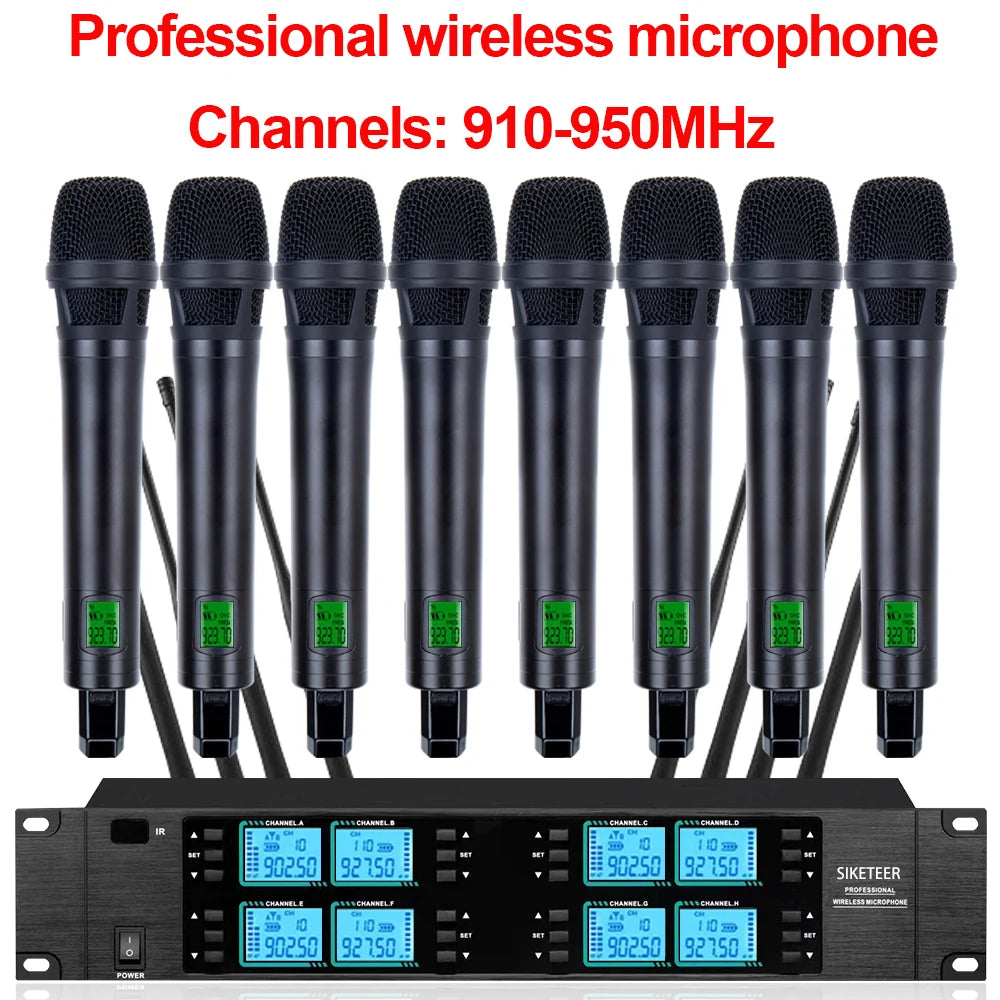 Micrófono inalámbrico de 8 canales, 910-950 MHz, de mano, ideal para bodas, iglesias y actuaciones en escenarios.