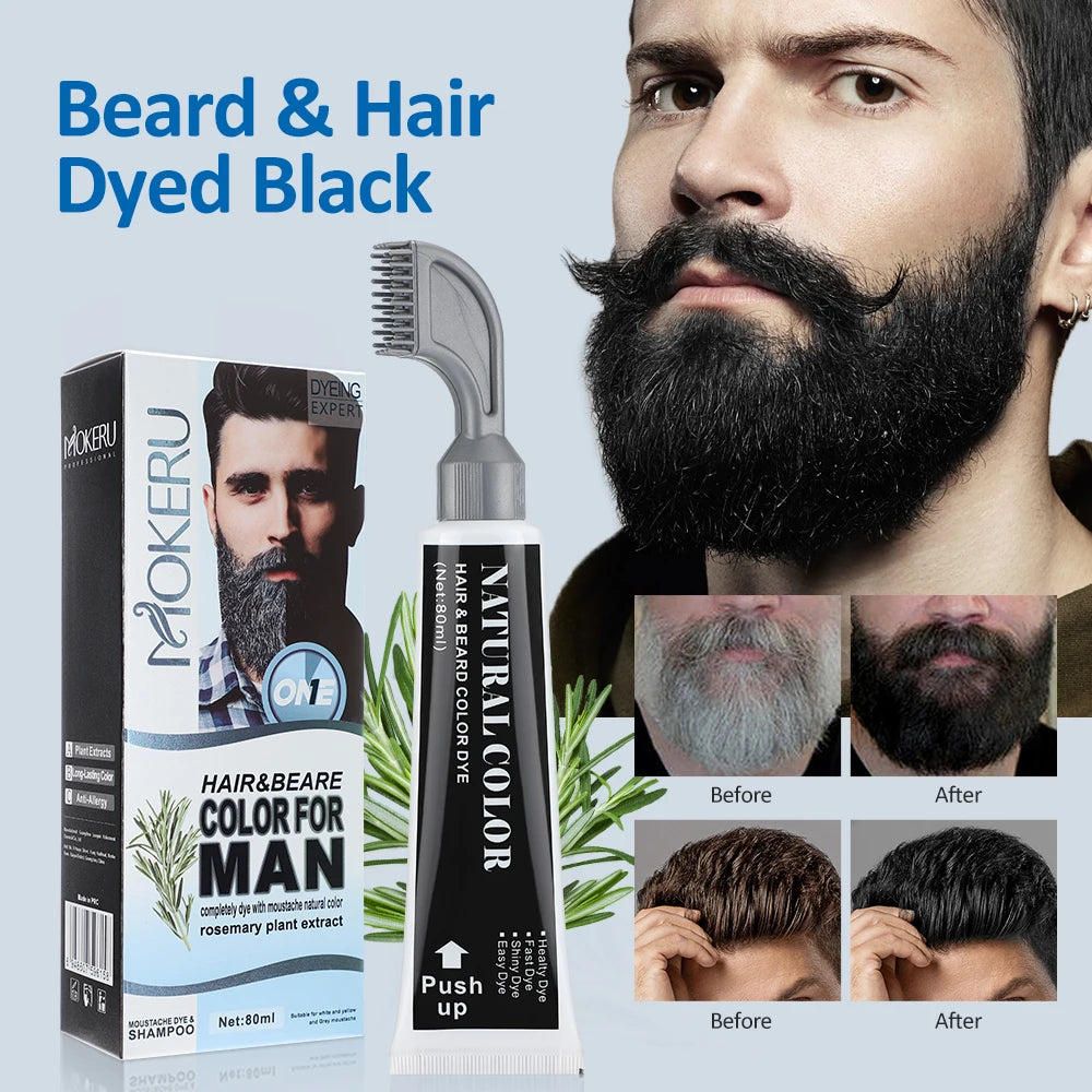 1 juego de crema para teñir la barba negra en 3 minutos con peine, 80 ml, champú de romero natural para teñir la barba negra, crema de tinte instantáneo para el cabello.