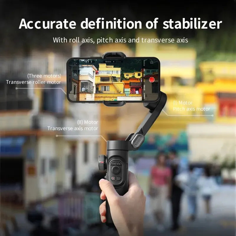 Estabilizador de cardán de mano de 3 ejes AOCHUAN SmartXE para smartphones iPhone y Android con seguimiento facial mediante IA para TikTok y vlogs.