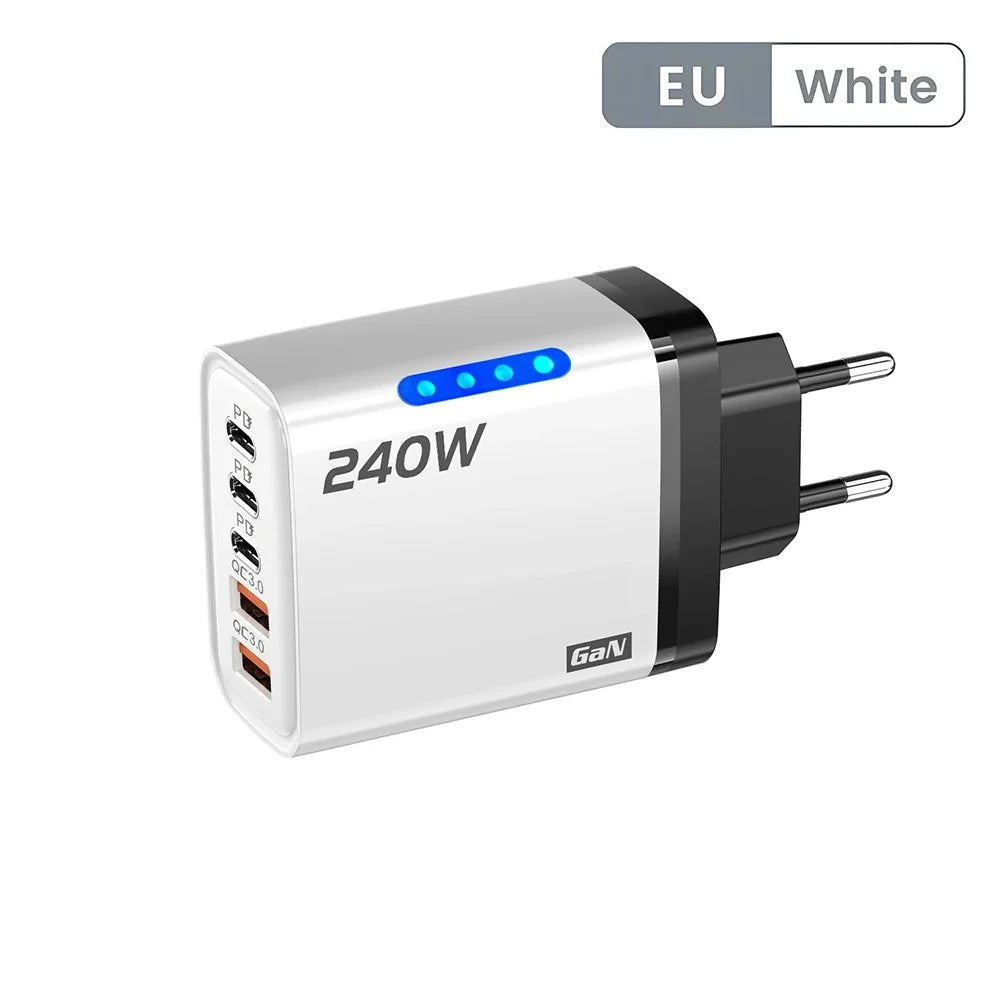 Cargador USB C GaN de 240 W, 5 en 1, cargador de teléfono de carga rápida, adaptador de corriente para iPhone, Samsung, Xiaomi, tipo C, enchufe UE/EE. UU.