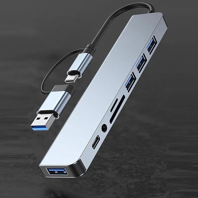 Hub USB-C 8 en 1 con 4 puertos USB, 1 conector USB-C, lector de tarjetas TF/SD y salida de audio de 3,5 mm para MacBook Pro, iPad Pro, iPhone 15 y portátiles.