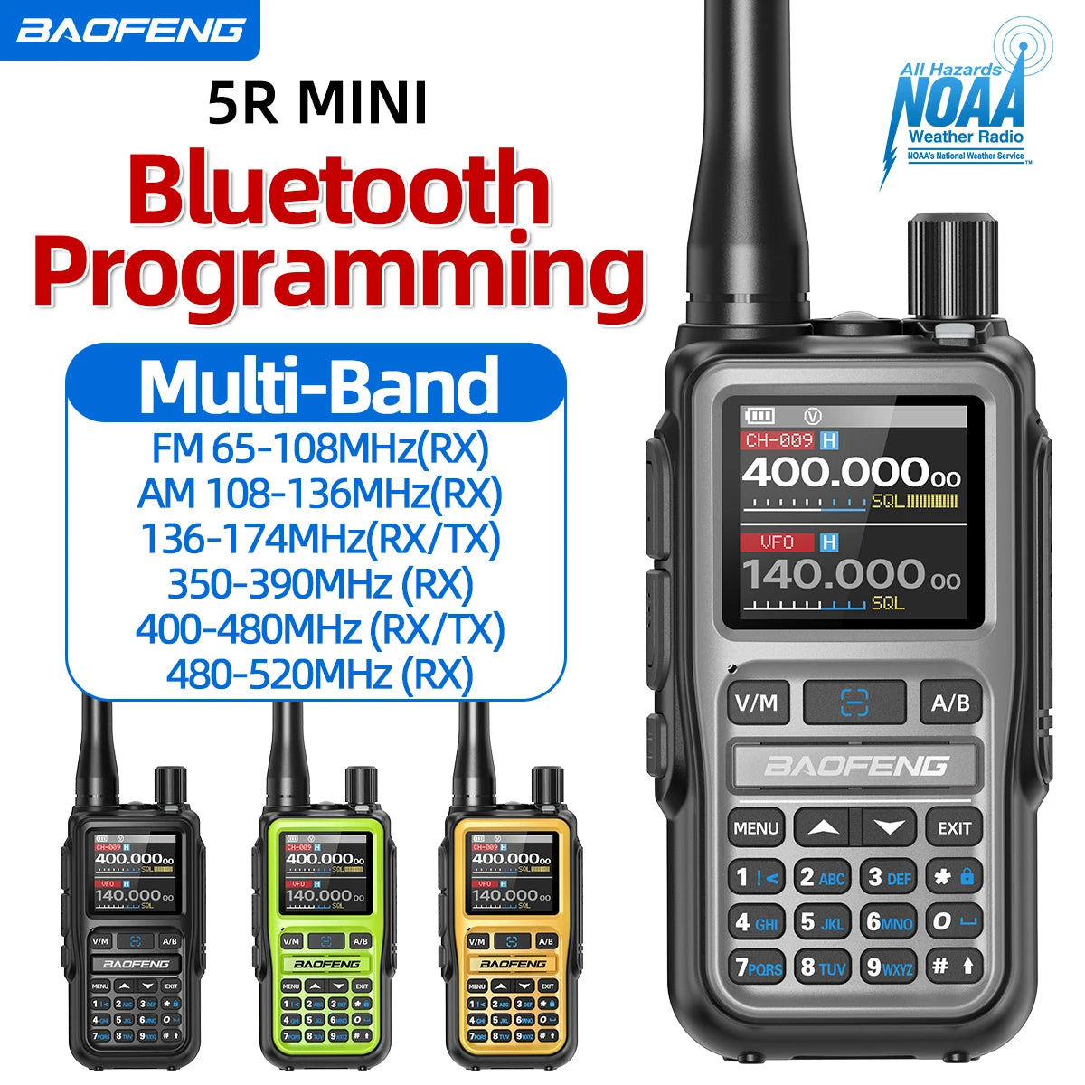 Paquete de 4 walkie-talkies BAOFENG UV-5R MINI Bluetooth programables, radioaficionados, portátiles, de largo alcance, tipo C, doble PTT, multibanda.