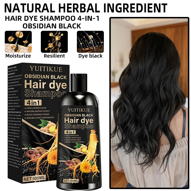 Champú tinte para el cabello negro obsidiana 4 en 1, color duradero, efecto natural instantáneo, cobertura negra, ingredientes vegetales naturales.