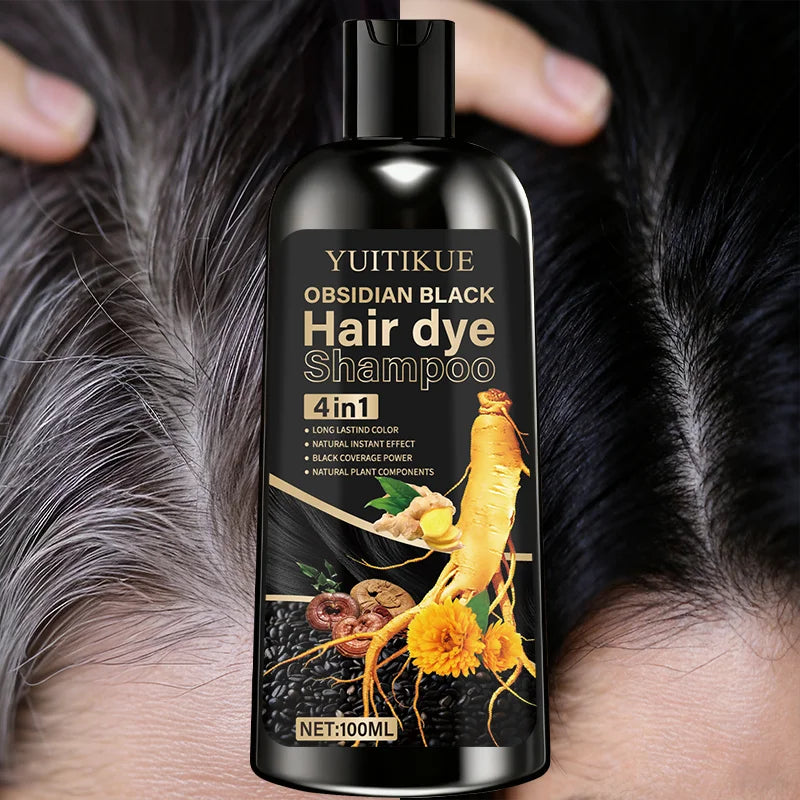 Champú tinte para el cabello negro obsidiana 4 en 1, color duradero, efecto natural instantáneo, cobertura negra, ingredientes vegetales naturales.