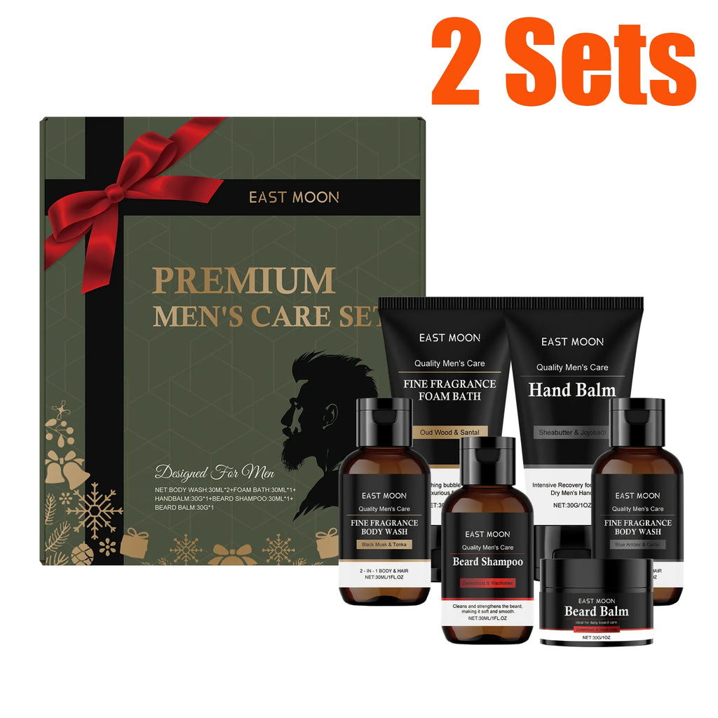 Set de cuidado personal para hombre: champú y bálsamo para barba, gel de ducha, bálsamo para manos. Set de regalo de Navidad para hombre. Caja de cuidado nutritivo para la piel.