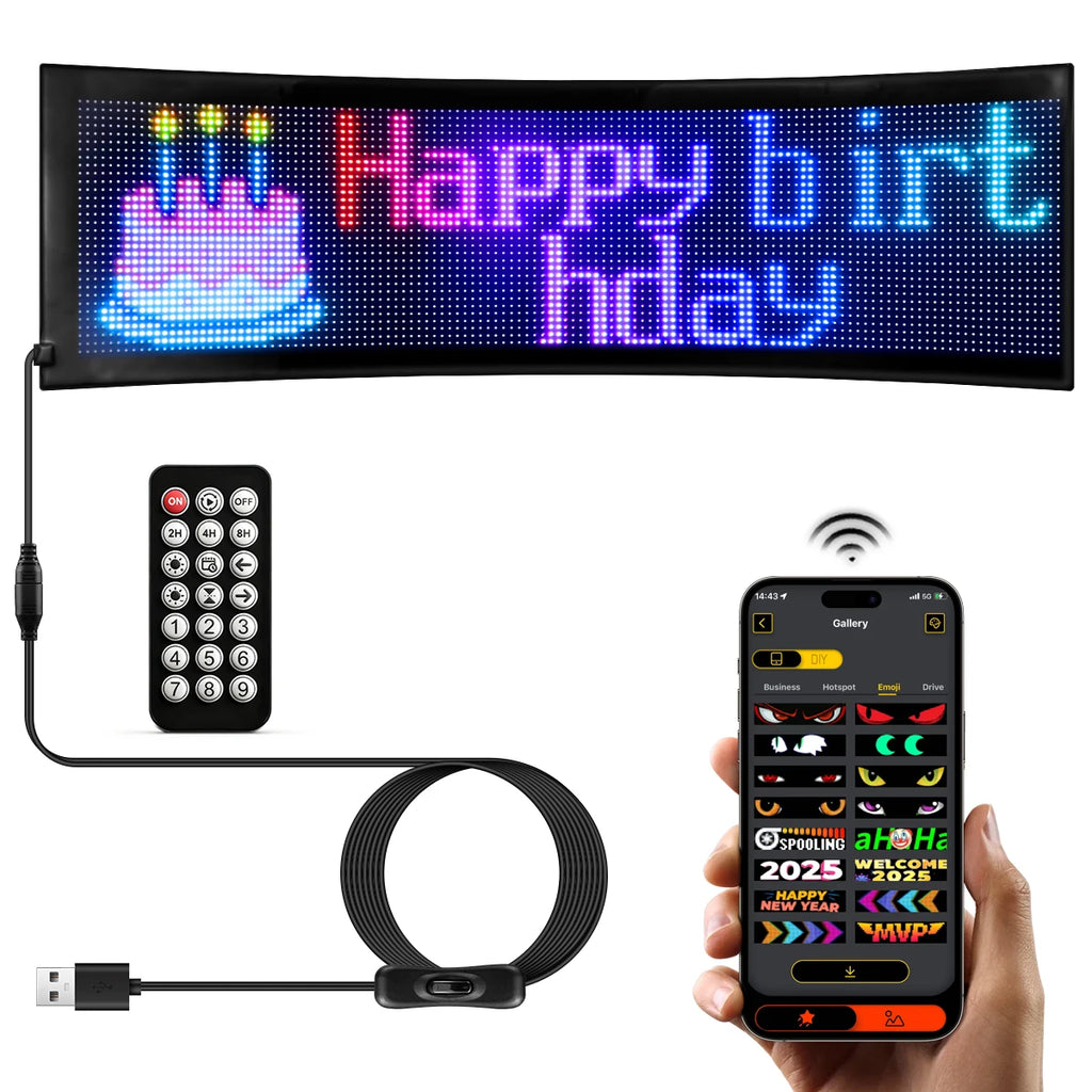 Letrero LED para automóvil, panel de matriz LED flexible de 5 V, letreros de luz LED USB para automóvil, Bluetooth Smart APP, pantalla RGB desplazable, tablero de mensajes