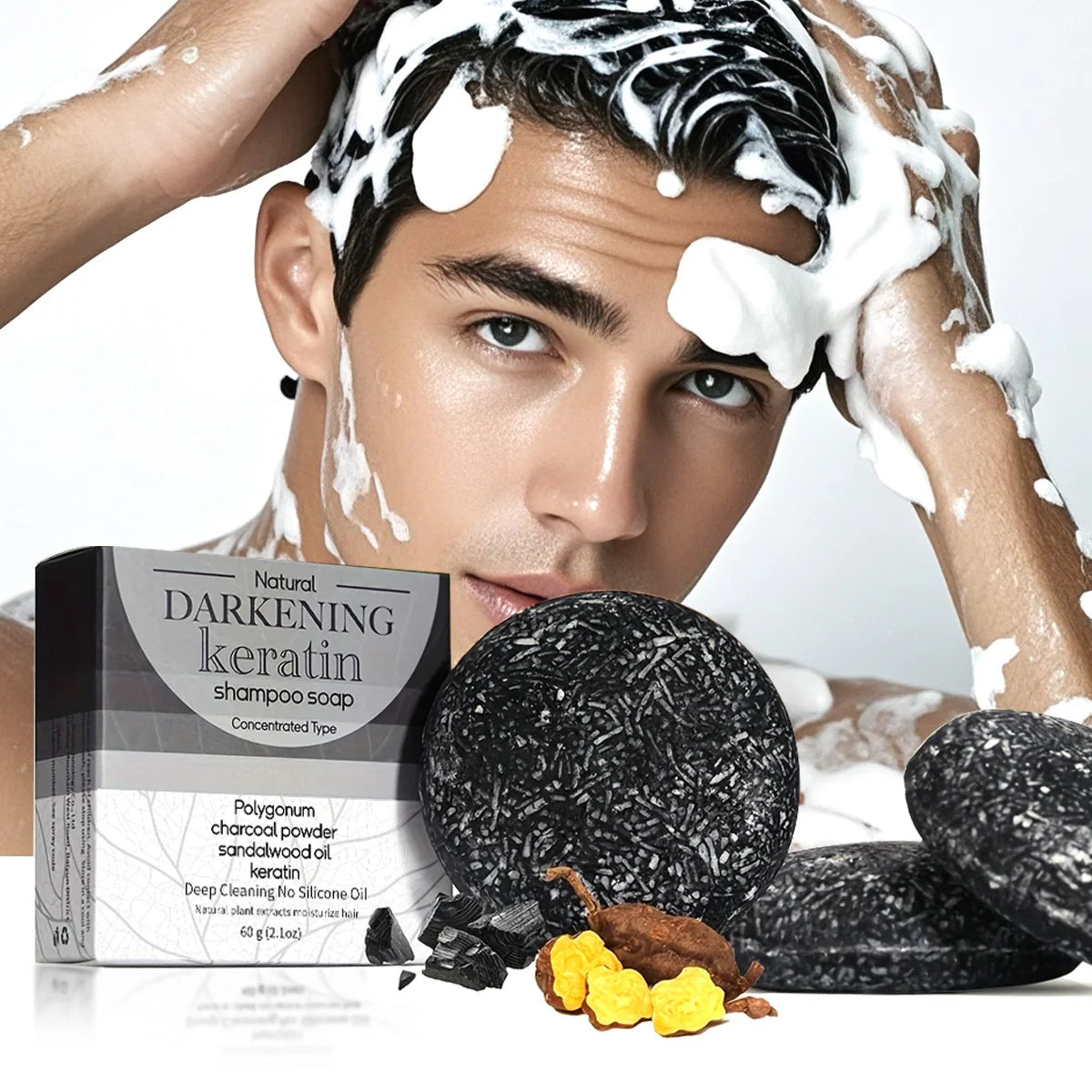 Champú sólido de jabón negro XF de 60 g, orgánico y vegano, para todo tipo de cabello, elaborado con aceite natural.