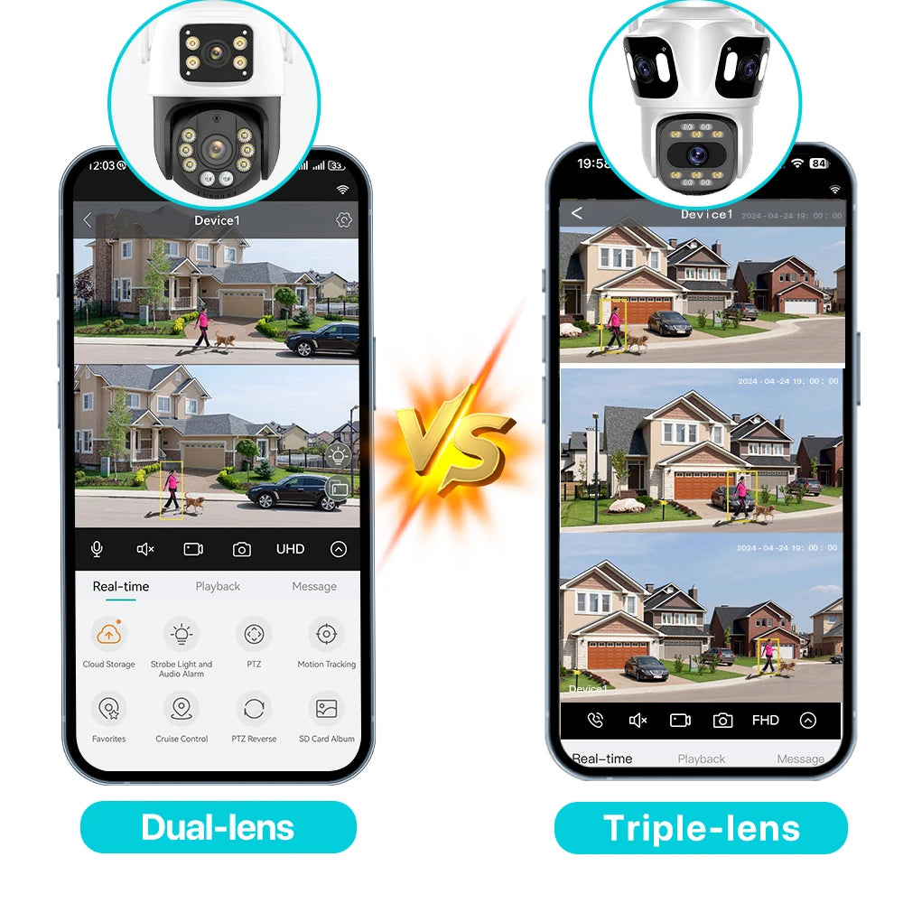 Cámara IP PTZ de tres lentes para exteriores, HD, con tres pantallas, WiFi, seguimiento automático y doble lente, CCTV inalámbrica iCsee