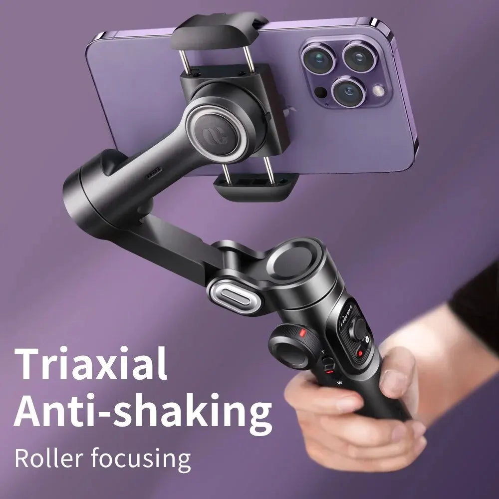 Estabilizador de cardán de mano de 3 ejes AOCHUAN SmartXE para smartphones iPhone y Android con seguimiento facial mediante IA para TikTok y vlogs.