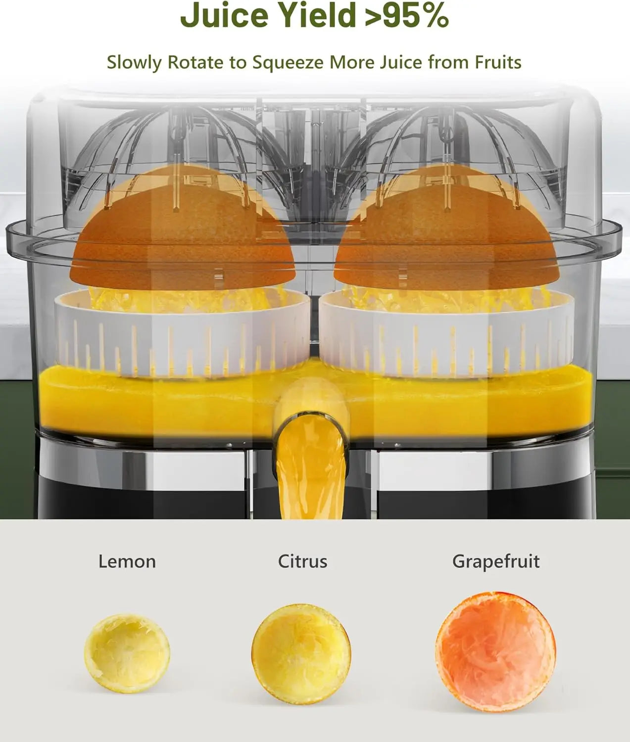 Exprimidor eléctrico de cítricos, exprimidor de naranjas de doble cabezal con cepillo de limpieza para limón y pomelo, alto rendimiento, fácil de limpiar.